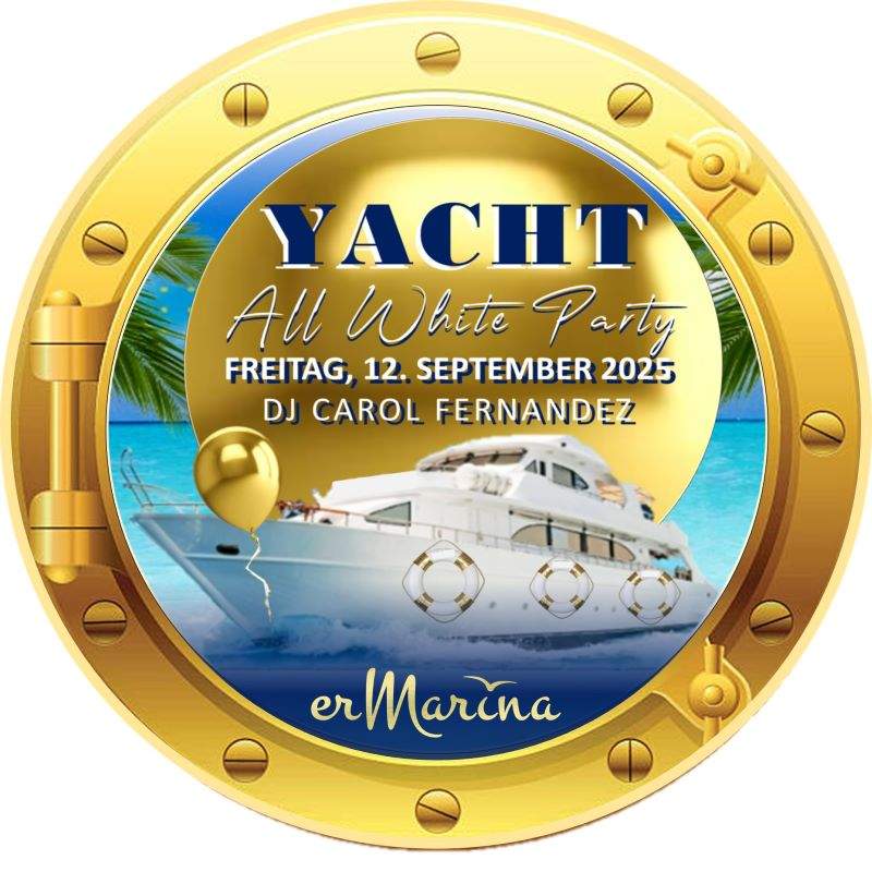 Einladung White Party auf dem Schiff der erMarina in goldenem Bullauge mit Yacht