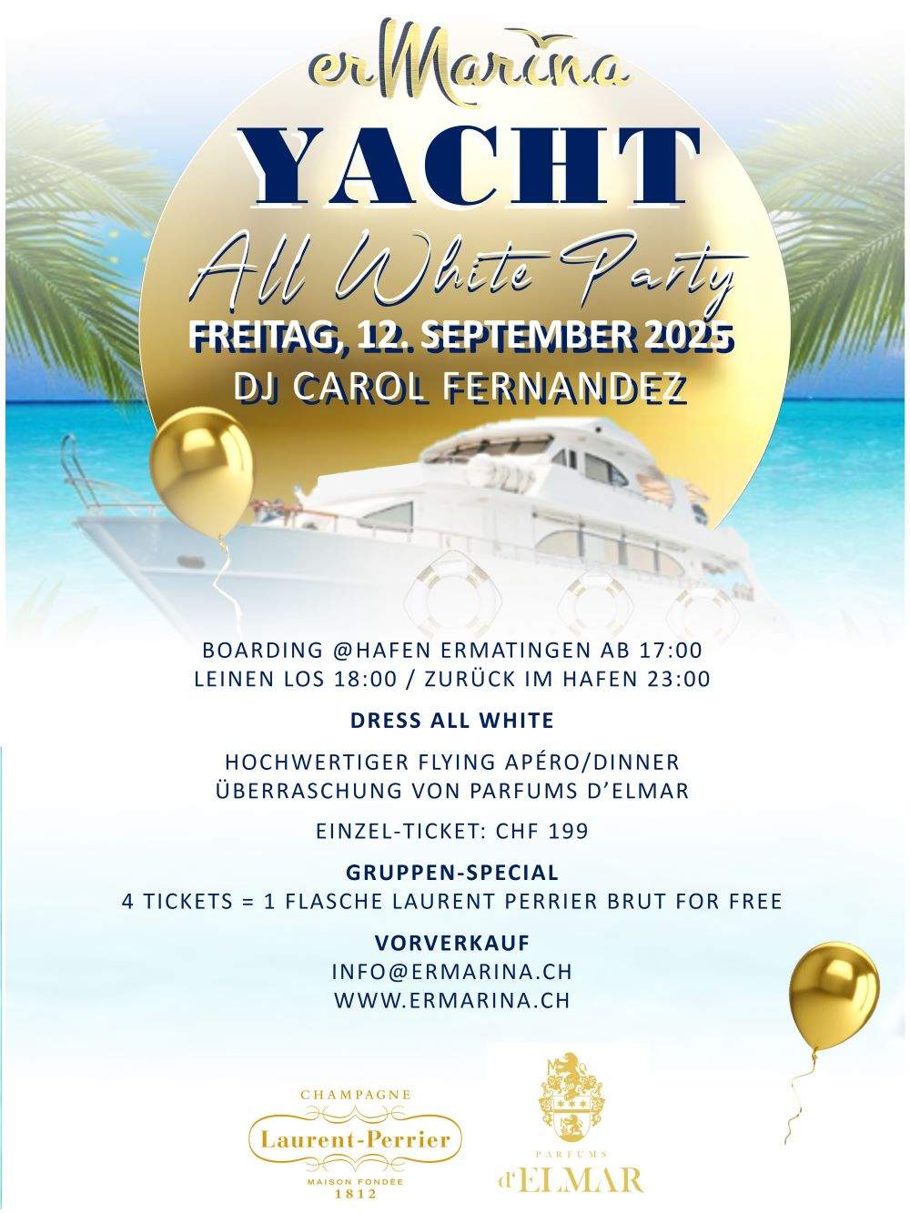 Flyer für Yacht All White Party auf dem Schiff erMarina
