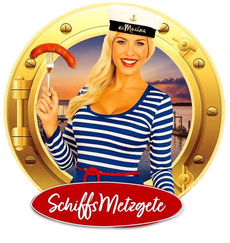 Metzgete auf dem Schiff Bullauge Matrosin mit Gabel und Wurst