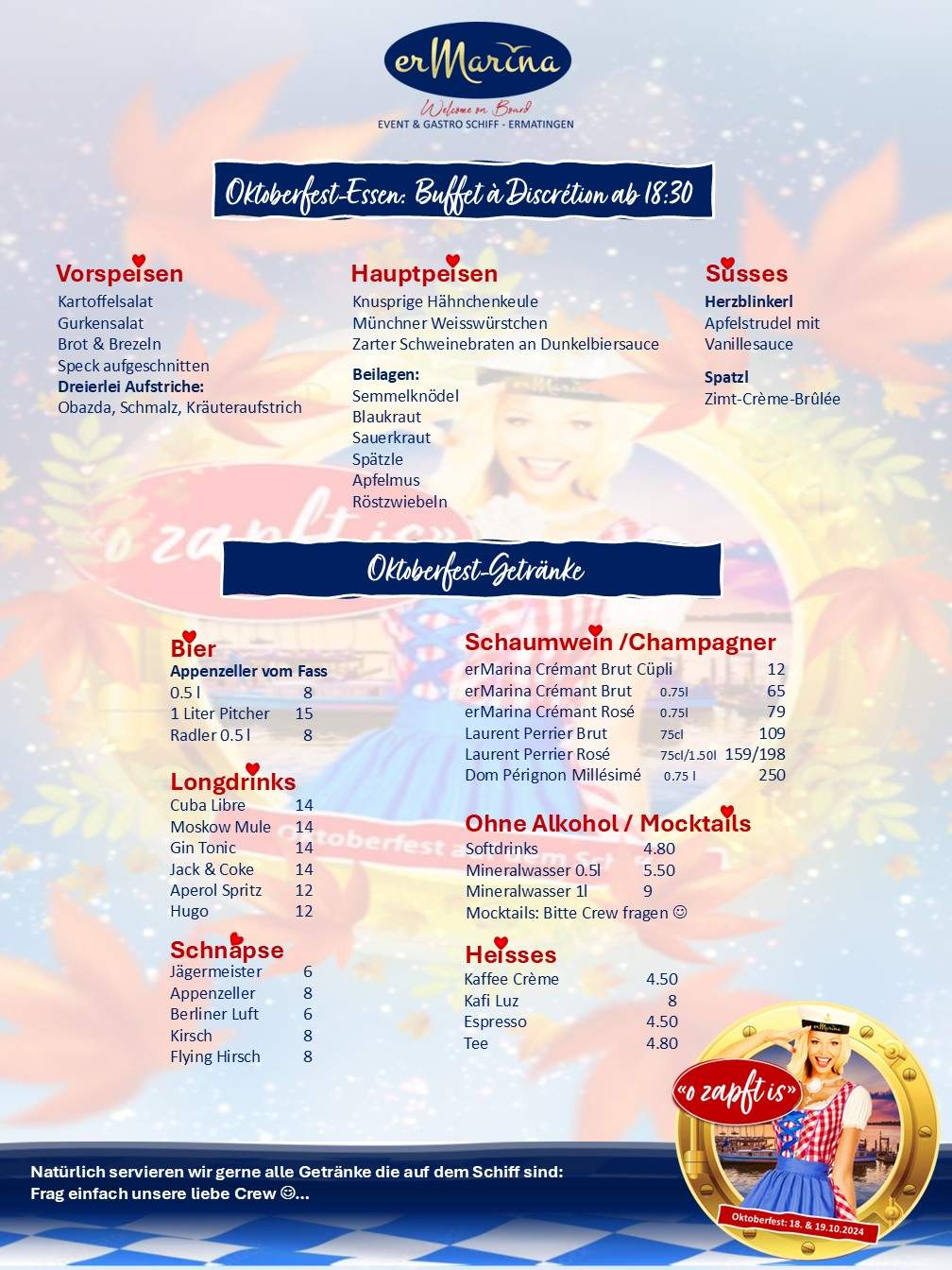 Oktoberfest auf dem Schiff erMarina im Hafen Ermatingen Speisen Buffet und Getränkeübersicht