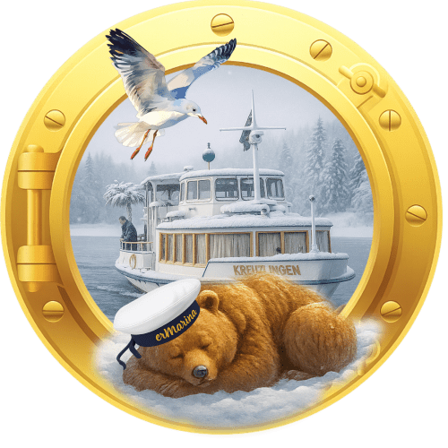 Winterpause Schiff Restaurant erMarina Bullauge mit Schiff im Winter und schlafendem Bären Hafen Ermatingen Bodensee