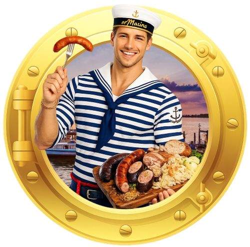 Metzgete auf dem Schiff im Hafen Ermatingen - Bullauge mit Matrose mit Schlachtplatte und Wurstgabel in der Hand