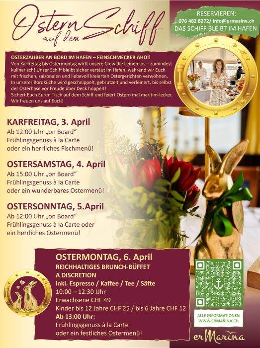 Ostern und Osterbrunch auf dem Schiff erMarina im Hafen Ermatingen - Genuss mit Aussicht Programm auf Plakat mit goldenen Osterhase und Tulpenstrauss
