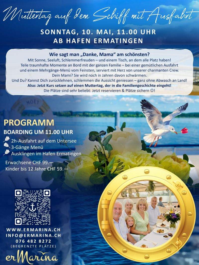 Muttertag Programm mit Familie auf dem Schiff mit Möwe für Muttertagsausfahrt mit dem Eventschiff erMarina auf dem Bodensee