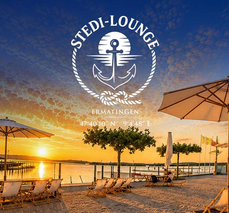Stedi-Lounge-Sunset-Hafen-Ermatingen-Bodensee Bild vom Sonnenuntergang mit Logo am Hafen Ermatingen