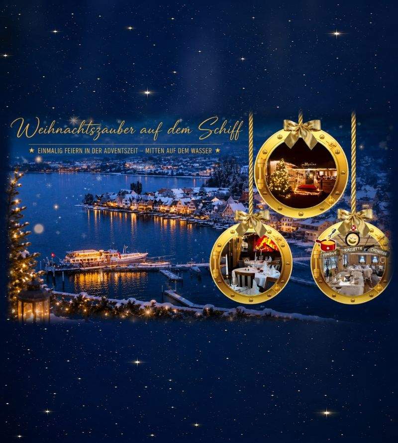 Weihnachten feiern auf dem Schiff erMarina Schiff im Hafen mit Weihnachtskugeln Weihnachtliches Bild mit vielen Lichtern, Hafen Ermatingen und Umgebung, Schiff erMarina festlich beleuchtet